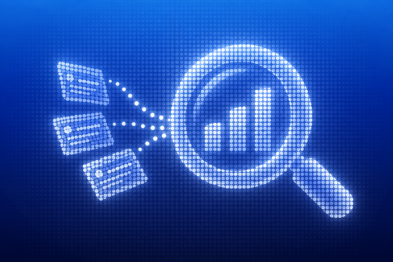 Search results flowing into a magnifying glass with a rising chart, illustrated in luminous blue halftone dots